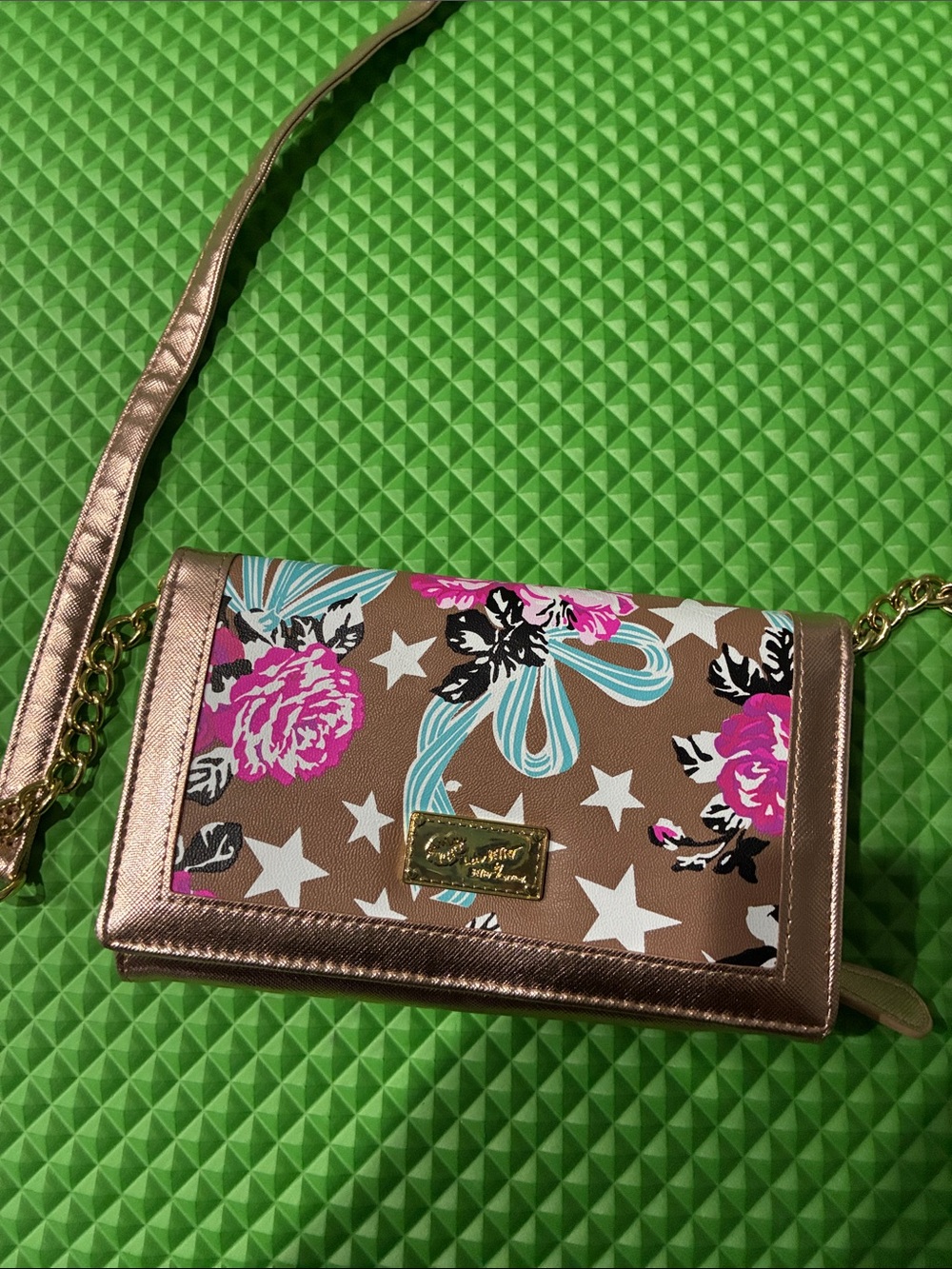Floral Star Print Crossbody Bag in Brown and Rose Gold